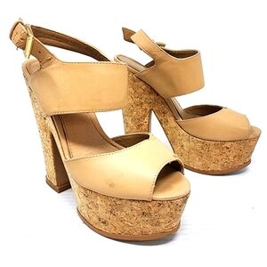 Aldo Cork Pkatforms Peep Toe Sandals Beige Leather Chunky Heel 6.5